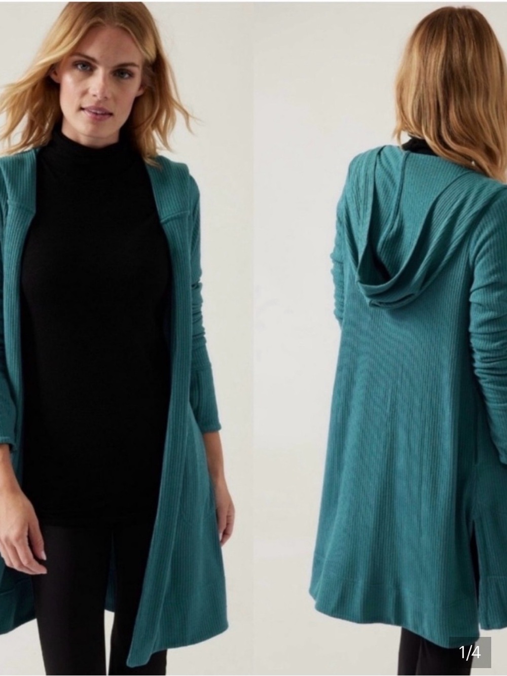 Athleta Teal Hooded Ribbed Knit Longline Cardigan